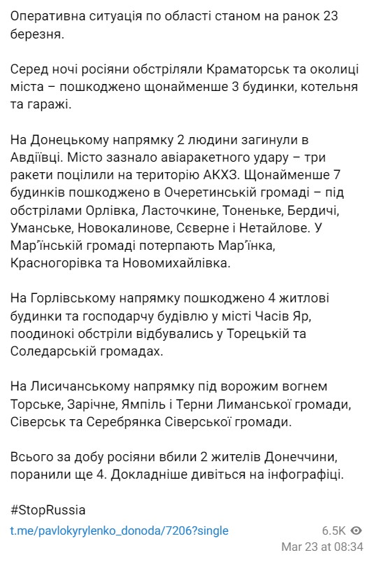 звіт про обстріл Донецької області від Кириленка