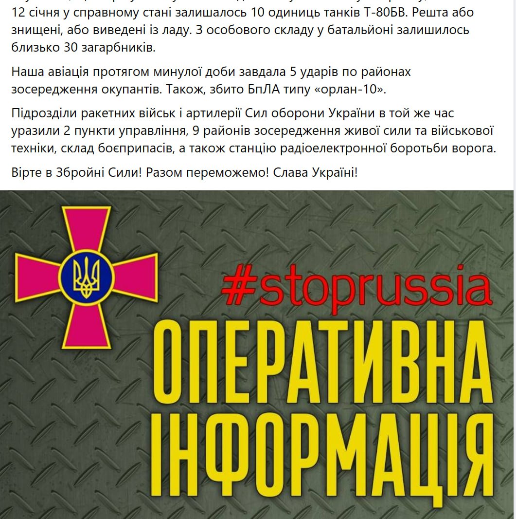 Зведення українського Генштабу на ранок 15 січня