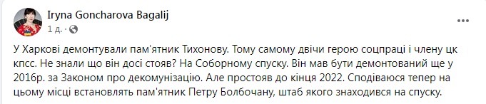 Скриншот из Фейсбука Ирины Гончаровой-Багалий