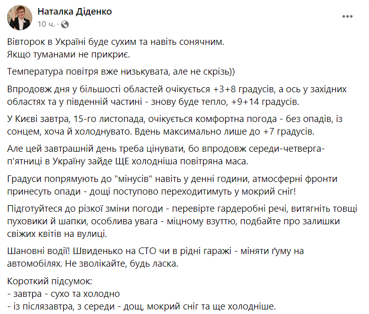 Прогноз погоды на 15 ноября