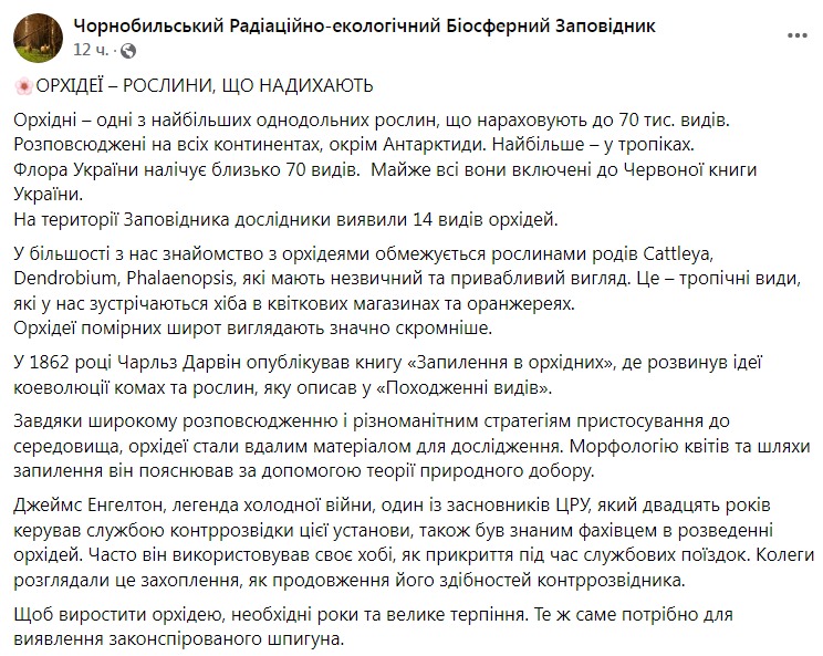 Скриншот из Фейсбука Чернобыльского заповедника 