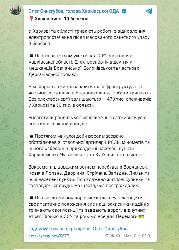 Что происходит со светом в Харькове и области 10 марта, рассказал Синегубов