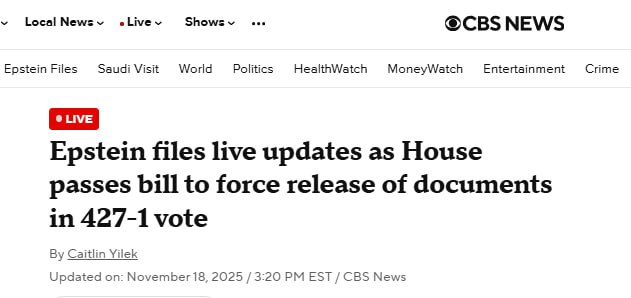 Снимок заголовка на cbsnews.com - В США продвигают законопроект о рассекречивании материалов дела педофила Эпштейна