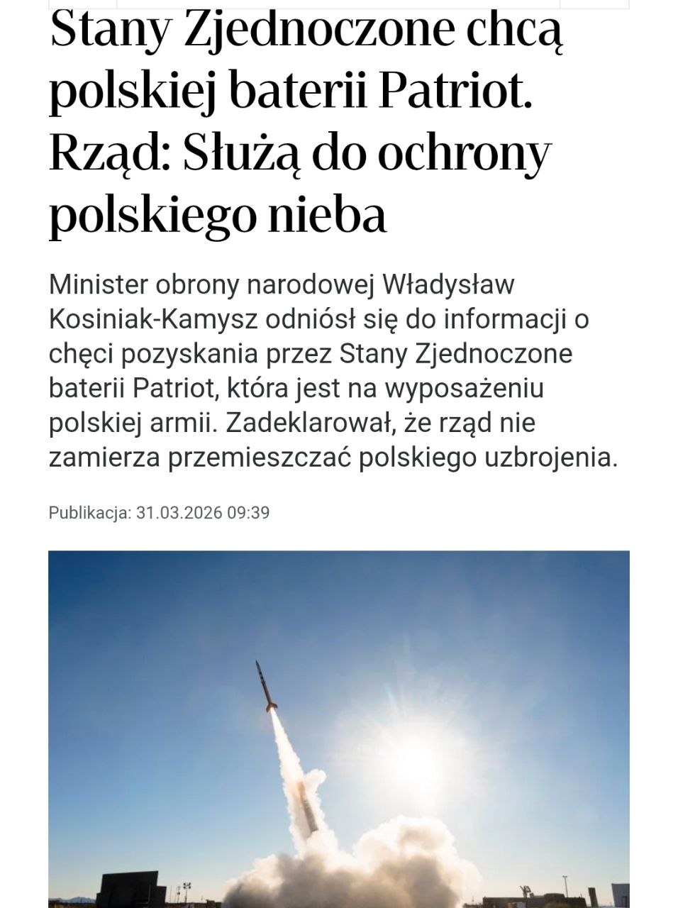 Снимок заголовка на rp.pl – США предложили Польше отдать комплексы ПВО Patriot для войны с Ираном