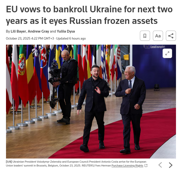 Снимок заголовка на reuters.com - Бельгия не готова провести отчуждение активов России в пользу Украины