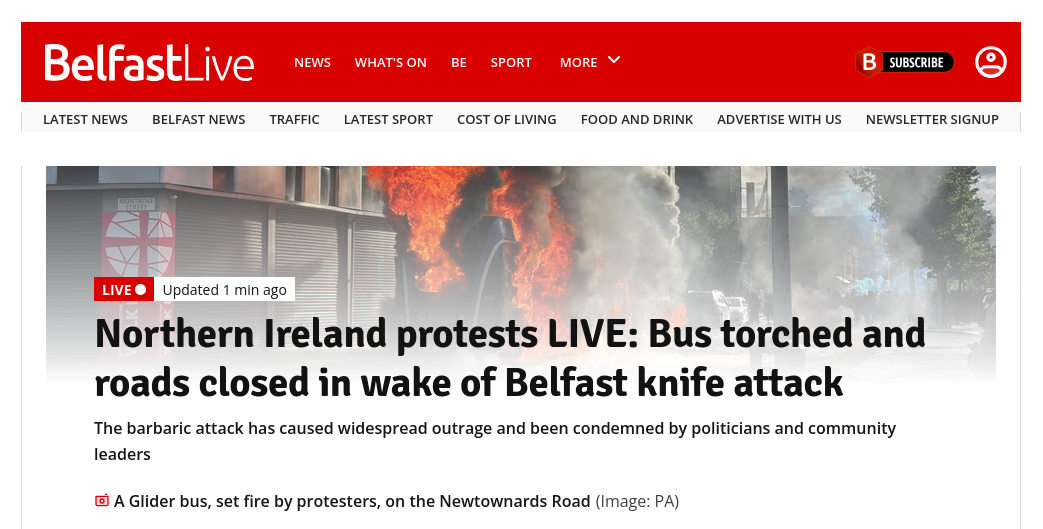 Знімок заголовка на belfastlive.co.uk – У Белфасті антимігрантські протести після нападу мігранта з Судану