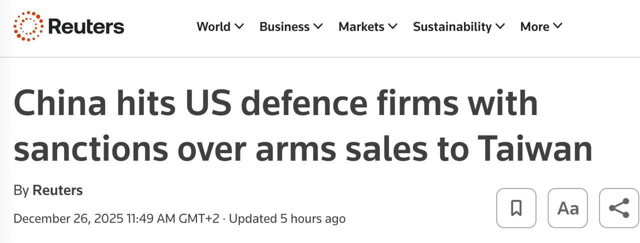 Снимок заголовка на reuters.com - Китай ввёл санкции против США за продажу оружия Тайваню