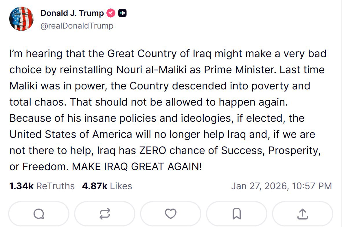 Знімок повідомлення на truthsocial.com - Трамп виставив умову для допомоги США Іраку